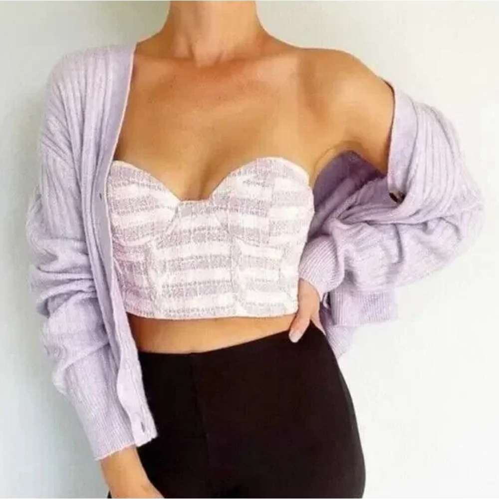 ZARA Pink Y2K Tweed Strapless Corset Top | Bustier Party Crop Trend Sz L NWT